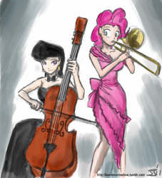 Size: 909x1000 | Tagged: safe, artist:johnjoseco, artist:michos, imported from derpibooru, octavia melody, pinkie pie, human, cello, clothes, dress, duo, female, humanized, musical instrument, pink, trombone