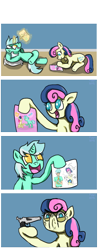 Size: 510x1300 | Tagged: safe, artist:pcjoyce, imported from derpibooru, bon bon, lyra heartstrings, sweetie drops, earth pony, pony, unicorn, 4koma, bon bon is not amused, comic, duo, female, gun, humie, mare, no pupils, weapon