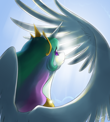 Size: 720x800 | Tagged: safe, artist:jiayi, imported from derpibooru, princess celestia, alicorn, pony, female, mare, rear view, solo, sun, wings