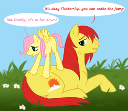 Size: 900x780 | Tagged: safe, artist:cartoonlion, imported from derpibooru, fluttershy, sunburst (g1), earth pony, pegasus, pony, family, father, father and daughter, female, filly, foal, g1, grass, male, prone, stallion