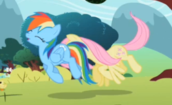 Size: 344x211 | Tagged: safe, imported from derpibooru, screencap, fluttershy, rainbow dash, duck, pegasus, pony, may the best pet win, season 2, duckling, duo, eyes closed, female, flying, mare, out of context