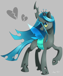 Size: 1118x1353 | Tagged: safe, artist:jiayi, imported from derpibooru, queen chrysalis, changeling, changeling queen, blue changeling, fangs, female, frown, raised hoof, signature, simple background, smiling, solo, standing