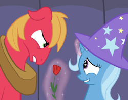 Size: 1942x1525 | Tagged: safe, artist:manateemckenzie, imported from derpibooru, big macintosh, trixie, earth pony, pony, unicorn, angry, duo, ears back, eye contact, female, floppy ears, looking at each other, magic, male, mare, rose, shipping, stallion, straight, trixmac, unsure