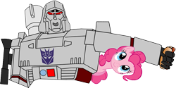 Size: 885x442 | Tagged: artist needed, safe, imported from derpibooru, pinkie pie, earth pony, pony, duo, female, food, hot dog, mare, meat, megatron, sausage, transformers