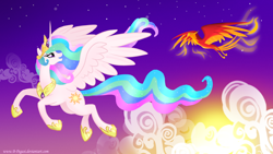 Size: 1360x768 | Tagged: safe, artist:b-pegasi, imported from derpibooru, philomena, princess celestia, alicorn, phoenix, pony, cloud, cloudy, duo, female, flying, looking back, mare, open mouth, smiling, spread wings, sun