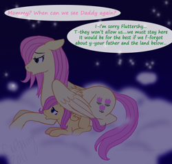 Size: 866x828 | Tagged: dead source, safe, artist:cartoonlion, imported from derpibooru, fluttershy, posey, pegasus, pony, cloud, cutie mark, family, female, filly, foal, g1, lying down, lying on a cloud, mare, mother and daughter, night, on a cloud, prone, race swap, sad, speech bubble, wing blanket, wings