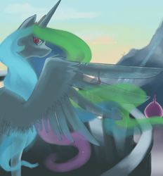 Size: 650x700 | Tagged: dead source, safe, artist:bi-polaroid, imported from derpibooru, princess celestia, alicorn, pony, female, looking back, mare, rear view, solo, spread wings, wings