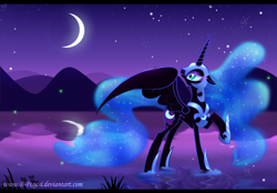 Size: 1360x945 | Tagged: safe, artist:b-pegasi, imported from derpibooru, nightmare moon, alicorn, pony, female, looking back, mare, moon, night, reflection, solo, stars, water