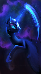 Size: 561x1000 | Tagged: safe, artist:discordthetrollest, imported from derpibooru, nightmare moon, alicorn, pony, female, flying, looking back, mare, solo