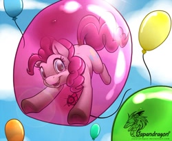 Size: 900x733 | Tagged: safe, artist:chubby-kirin, artist:japandragon, imported from derpibooru, pinkie pie, earth pony, pony, balloon, bottled character, bubble, cloud, female, how, inside, mare, pinkie being pinkie, pinkie pie trapped in a balloon, sky, smiling, solo, then watch her balloons lift her up to the sky, underhoof