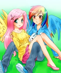 Size: 800x960 | Tagged: safe, artist:racoonsan, imported from derpibooru, angel bunny, fluttershy, rainbow dash, human, breasts, brown eyes, busty fluttershy, clothes, converse, cute, female, flutterdash, hairclip, humanized, jacket, legs, lesbian, midriff, shipping, shoes, sitting, skirt, sneakers, sweater, sweatershy, winged humanization, wrong eye color