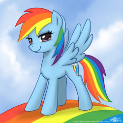 Size: 800x800 | Tagged: safe, artist:johnjoseco, imported from derpibooru, rainbow dash, pegasus, pony, cloud, female, mare, rainbow, sky, smiling, smirk, solo