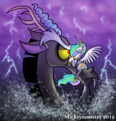 Size: 1531x1600 | Tagged: safe, artist:mickeymonster, imported from derpibooru, discord, princess celestia, alicorn, pony, dislestia, duo, eye contact, female, lightning, looking at each other, macro, male, mare, micro, shipping, shocked, smirk, straight, surprised, the little mermaid, water