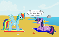 Size: 1280x810 | Tagged: safe, artist:evaxilth, imported from derpibooru, rainbow dash, twilight sparkle, pegasus, pony, unicorn, beach, female, lesbian, mare, mouth hold, ocean, prone, shipping, sunscreen, twidash, unicorn twilight, water