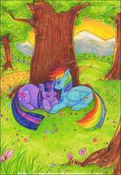 Size: 575x830 | Tagged: safe, artist:nekophoenix, imported from derpibooru, rainbow dash, twilight sparkle, pegasus, pony, unicorn, duo, female, lesbian, mare, nap, prone, shipping, sleeping, tree, twidash, under the tree