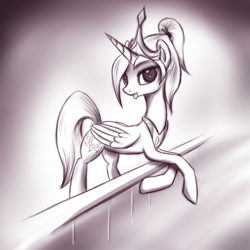 Size: 1200x1200 | Tagged: safe, artist:fajeh, imported from derpibooru, princess celestia, alicorn, pony, alternate hairstyle, female, mare, monochrome, ponytail, princess, solo, tongue out, young