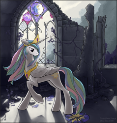 Size: 1644x1729 | Tagged: safe, artist:marbleyarns, imported from derpibooru, princess celestia, alicorn, pony, castle of the royal pony sisters, female, looking back, mare, raised hoof, ruins, sad, solo