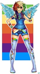 Size: 738x1376 | Tagged: safe, artist:ron-nie, imported from derpibooru, rainbow dash, human, 2010s, 2012, abstract background, ambiguous race, boots, clothes, confident, denim shorts, devil horn (gesture), female, hand on hip, humanized, multicolored hair, one eye closed, rainbow hair, shorts, smiling, smirk, solo, tanktop, thigh boots, thigh highs, tomboy, winged humanization, wings, wink