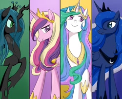 Size: 980x796 | Tagged: safe, artist:keterok, imported from derpibooru, princess cadance, princess celestia, princess luna, queen chrysalis, alicorn, changeling, changeling queen, pony, column lineup, female, mare, panels