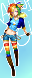 Size: 684x1660 | Tagged: safe, artist:chorchori, imported from derpibooru, rainbow dash, human, belly button, boots, clothes, female, humanized, jacket, midriff, rainbow socks, socks, solo, striped socks