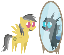 Size: 4993x4306 | Tagged: safe, artist:zutheskunk, imported from derpibooru, daring do, oc, oc:mirror match, changeling, pegasus, pony, absurd resolution, fanfic, female, mare, mirror, no pupils, pointy ponies, simple background, smoke and mirrors, transparent background