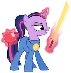 Size: 4852x4994 | Tagged: safe, artist:zutheskunk, artist:zutheskunk traces, imported from derpibooru, twilight sparkle, pony, unicorn, absurd resolution, alternate hairstyle, crossover, female, grin, lba, levitation, lidded eyes, little big adventure, magic, mare, medal, necklace, ponytail, simple background, smiling, solo, sword, telekinesis, transparent background, twinsen, vector, vector trace, weapon