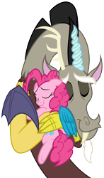 Size: 2943x4996 | Tagged: safe, artist:mickeymonster, artist:zutheskunk, artist:zutheskunk traces, imported from derpibooru, discord, pinkie pie, draconequus, earth pony, pony, chest fluff, cute, diapinkes, discopie, discute, eyes closed, female, floppy ears, happy, hug, male, mare, shipping, simple background, smiling, straight, transparent background, vector, vector trace