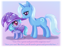 Size: 700x532 | Tagged: safe, artist:metalpandora, imported from derpibooru, trixie, oc, unnamed oc, pony, unicorn, cute, duo, duo female, female, filly, mare, mouth hold