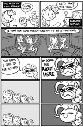 Size: 594x913 | Tagged: safe, artist:zicygomar, imported from derpibooru, fluttershy, pinkie pie, rainbow dash, rarity, twilight sparkle, earth pony, pegasus, pony, unicorn, comic, desperation, female, friendship express, hiimdaisy, implied pissing, mare, monochrome, need to pee, omorashi, parody, persona, persona 4, potty emergency, potty time