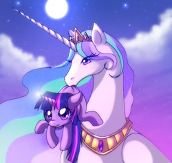 Size: 739x700 | Tagged: dead source, safe, artist:jacky-bunny, imported from derpibooru, princess celestia, twilight sparkle, alicorn, pony, unicorn, female, filly, filly twilight sparkle, mare, momlestia, moon, mouth hold, younger
