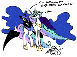 Size: 1033x766 | Tagged: safe, artist:emeralddarkness, imported from derpibooru, nightmare moon, princess celestia, alicorn, pony, begging, denied, duo, duo female, female, mare, simple background, white background