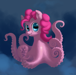 Size: 2365x2350 | Tagged: safe, artist:purmu, imported from derpibooru, pinkie pie, monster pony, octopony, octopus, original species, creepy, female, grin, high res, looking at you, maybe salmon, ocean, octo pie, smiling, solo, species swap, underwater