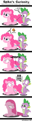 Size: 1000x3764 | Tagged: safe, artist:zutheskunk, deleted from derpibooru, imported from derpibooru, pinkie pie, spike, dragon, earth pony, pony, balloon popping, bloodshot eyes, comic, cutie mark, duo, female, glare, grin, male, mare, nervous, nervous grin, now you fucked up, pinkamena diane pie, prone, this will end in tears