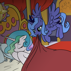 Size: 1000x1000 | Tagged: safe, artist:madmax, imported from derpibooru, princess celestia, princess luna, alicorn, pony, bed, female, flying, mare, mouth hold, s1 luna, sisters, sleeping, tucking in