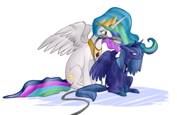 Size: 1195x779 | Tagged: safe, artist:qwert5, imported from derpibooru, princess celestia, princess luna, alicorn, pony, duo, female, mare, mouth hold, s1 luna, shower, sisters, sitting, wet, wet mane, wet mane luna