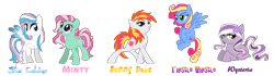 Size: 6431x1800 | Tagged: safe, artist:pinkanon, imported from derpibooru, minty, star catcher, sunny daze (g3), thistle whistle, wysteria, earth pony, pegasus, pony, female, g3, g3 to g4, g4, generation leap, mare, simple background, transparent background