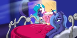 Size: 1280x640 | Tagged: safe, artist:calicopikachu, imported from derpibooru, princess celestia, princess luna, alicorn, pony, bed, clothes, duo, fanfic art, female, mare, nightgown, on side, pajamas, plushie, s1 luna, side