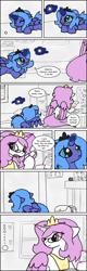 Size: 570x1781 | Tagged: dead source, safe, artist:jukashi, imported from derpibooru, princess celestia, princess luna, alicorn, pony, busy, comic, duo, female, filly, glasses, magic, mare, mouth hold, pink-mane celestia, sad, telekinesis, woona, younger