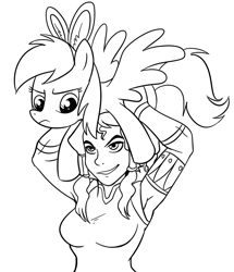 Size: 861x1000 | Tagged: safe, artist:madmax, imported from derpibooru, rainbow dash, human, pegasus, pony, annoyed, bunny ears, crossover, female, korra, mare, monochrome, ponies riding humans, pony hat, riding, the legend of korra