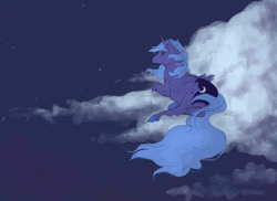 Size: 1000x727 | Tagged: safe, artist:noel, imported from derpibooru, princess luna, alicorn, pony, cloud, female, mare, night, prone, solo, windswept mane