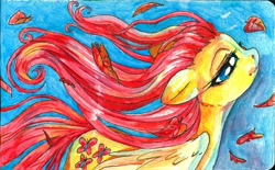 Size: 1280x792 | Tagged: safe, artist:buttercupsaiyan, imported from derpibooru, fluttershy, pegasus, pony, female, floppy ears, leaf, mare, smiling, solo, traditional art, windswept mane