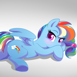 Size: 1000x1000 | Tagged: source needed, safe, artist:madmax, imported from derpibooru, rainbow dash, pegasus, pony, adorasexy, alternate hairstyle, blushing, colored pupils, cute, female, gradient background, mare, prone, sexy, solo, stupid sexy rainbow dash