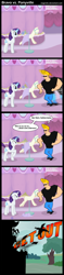 Size: 700x2974 | Tagged: safe, artist:angerelic, imported from derpibooru, rarity, human, pony, unicorn, angry, bravo vs. ponyville, carousel boutique, comic, crossover, female, human male, johnny bravo, johnny bravo (character), male, mannequin, mare, sewing