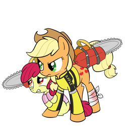 Size: 1000x1000 | Tagged: safe, artist:madmax, imported from derpibooru, apple bloom, applejack, earth pony, pony, chainsaw, chuck greene, clothes, crossover, dead rising, dead rising 2, duo, female, filly, katey greene, mare, paddle, simple background, transparent background