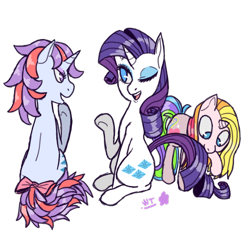 Size: 550x550 | Tagged: safe, artist:wolfytails, imported from derpibooru, rarity, rarity (g3), sparkler (g1), pony, unicorn, bow, female, g1, g1 to g4, g3, g3 to g4, g4, generation leap, generational ponidox, mare, no pupils, one eye closed, simple background, sitting, tail bow, transparent background