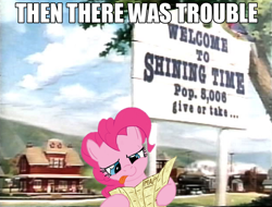 Size: 730x554 | Tagged: safe, imported from derpibooru, pinkie pie, earth pony, pony, female, image macro, map, mare, meme, shining time station, solo, tongue out