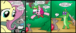 Size: 1500x656 | Tagged: safe, artist:madmax, imported from derpibooru, fluttershy, gummy, pinkie pie, earth pony, mouse, pegasus, pony, abuse, animal abuse, baseball bat, bipedal, bush, clothes, comic, confused, crossover, dialogue, female, food, frown, glare, gradient eyes, hat, hoodie, injured, looking back, mare, open mouth, pointing, pokemans pink, pokémon, smiling, smirk, speech bubble, spiked club, strawberry, text, thought bubble, wat, wheelchair