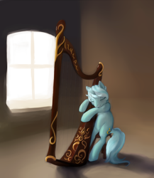 Size: 1188x1370 | Tagged: safe, artist:bistromatic, artist:noel, imported from derpibooru, lyra heartstrings, pony, unicorn, eyes closed, female, harp, mare, musical instrument, sitting, solo, window