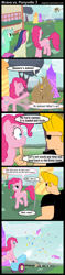 Size: 700x2974 | Tagged: safe, artist:angerelic, imported from derpibooru, bon bon, crafty crate, derpy hooves, lyra heartstrings, pinkie pie, sweetie drops, earth pony, human, pegasus, pony, unicorn, bravo vs. ponyville, comic, confetti, crossover, female, human male, johnny bravo, johnny bravo (character), male, mare, sitting, stallion