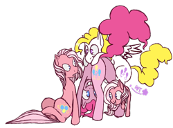 Size: 730x540 | Tagged: safe, artist:wolfytails, imported from derpibooru, pinkie pie, pinkie pie (g3), surprise, earth pony, pegasus, pony, butt, female, g1, g1 to g4, g3, g3 to g4, g3.5, g3.5 to g4, g4, generation leap, generational ponidox, grin, mare, no pupils, plot, smiling